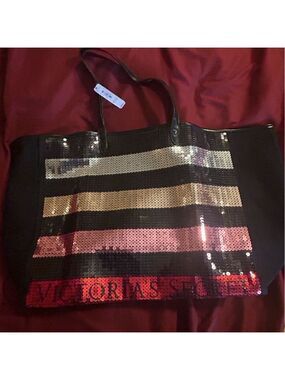 Victoria's Secret Black and Gold Striped Sequin Tote